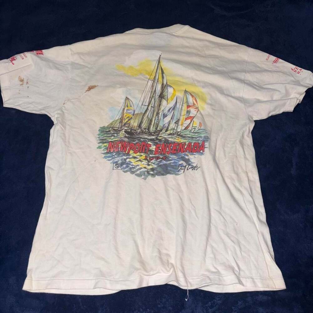 Hanes Beefy-T Vintage 1994 Newport Ensenada Sailboat Pocket Graphic Tee